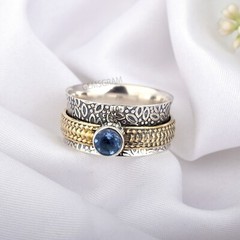 925 Sterling Silver Round Blue Topaz Gemstone Spinner Women Handmade Jewelry Gft