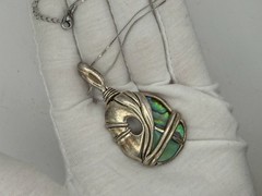 Abalone Paua Shell Pendant Necklace Wrapped Silver Tone Artisan Boho Statement
