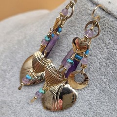 Vintage TABRA Signed Amethyst Turquoise Gemstone Hearts Circle Dangle Earrings