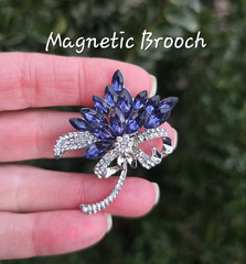 Dark blue crystal Heather Floral bouquet magnetic brooch. Equestrian brooch.