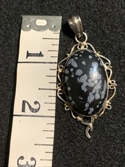 Vintage Snowflake Obsidian Gemstone Oval Cabochon Pendant Silver-Unknown Metal