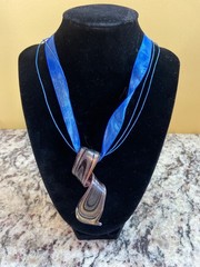 Murano Style Glass Pendant Necklace Purple Gold Swirl Art Ribbon Boho Jewelry