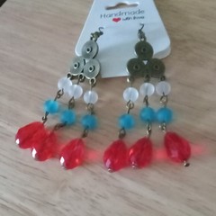 Handcrafted Brass Tone Disc Chandelier Beaded Dangle Earrings Multicolor Hook