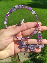 Handcrafted Purple Silver Beaded Memory Wire Dragonfly Choker Earring Set