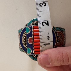Tibetan Silver Nepalese Bangle Bracelet With Turquoise Coral & Lapis Lazul Inlay