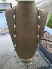 Long Necklace of White and Orange Shell Beads with Turquoise Magnesite Stone