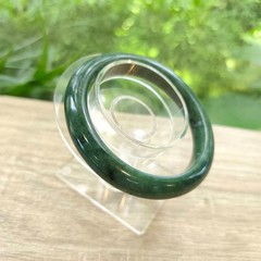 Natural Burmese Jade Bangle: Flat Belly Green Gray Spots Inner (61.9 MM)