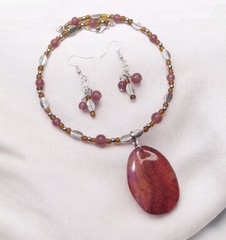 Handcrafted Silver Memory Wire Choker Earring Set Pink Brown Dragon Vein Agate