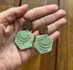 Green Hexagon Textured Wooden Dangling Polymer Clay Earrings