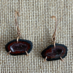Brown/Black Quartz Druzy Geode Slice Hook Dangle/Drop Earrings in rose gold
