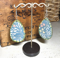 Handmade OOAK Double Sided Wood Teardrop Earrings Blue Pink Floral Cottagecore