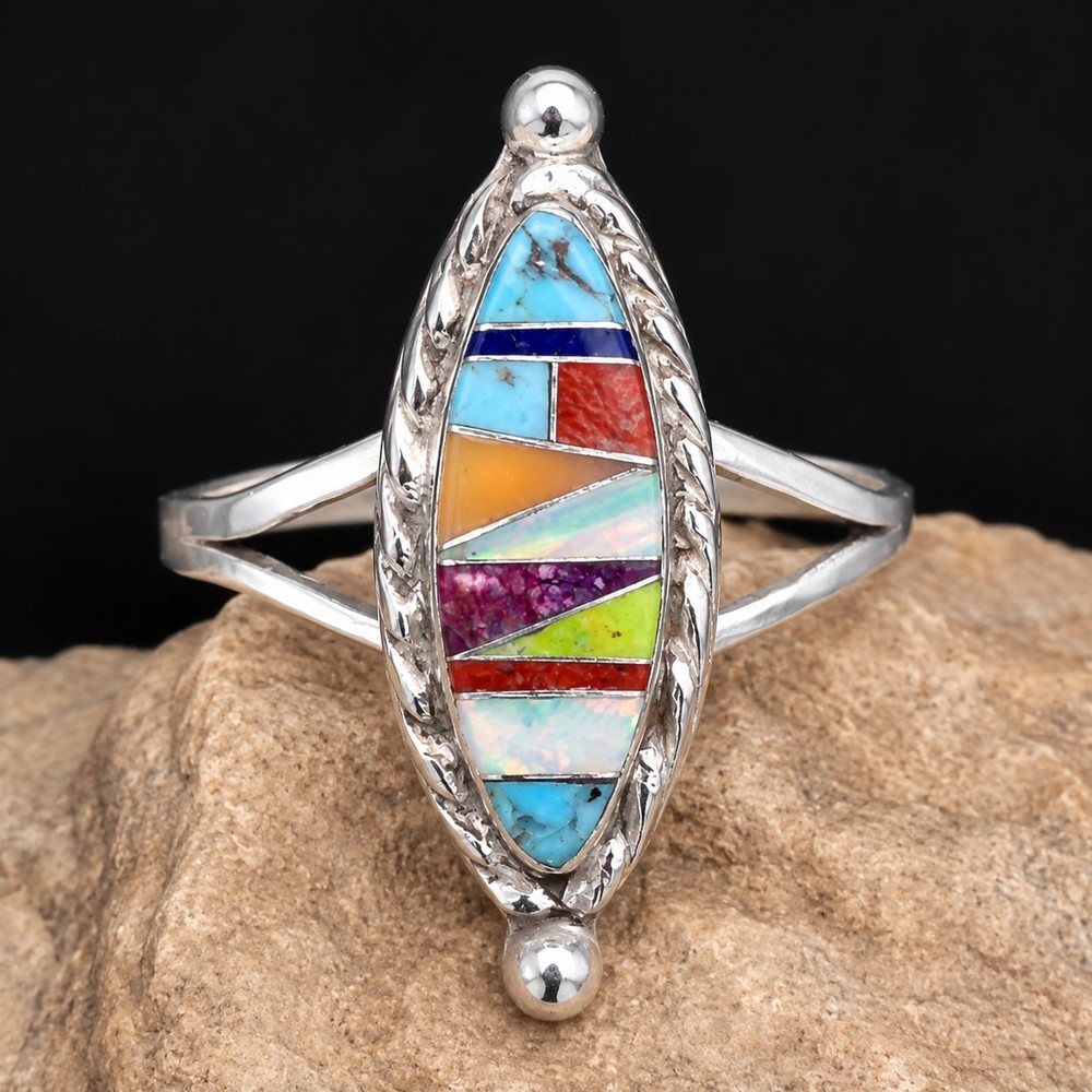 Sterling Silver Zuni Style Inlay Ring Size 10 Multi Stone Signed R Southwestern