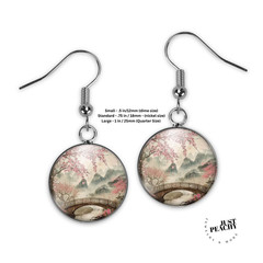 Asian Cherry Blossom Watercolor Art Silver Jewelry Necklace Earrings Bracelet