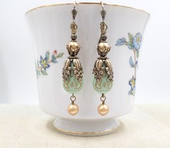 Antique Brass Victorian Style Earrings, Mint Green and Gold Acrylic Bead Jewelry