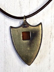 Handmade Shield Necklace Brass Pendant Gold Glass Insert Faux Black Leather Cord