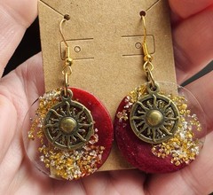 Handmade Celestial Sun Earrings – Red Resin & Gold Crushed Glass Dangles