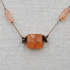 Dainty Orange Stone Necklace Hand Knotted Cord Station Copper tone Metal 17″