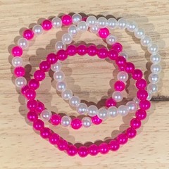 Hand Crafted Pink and White Bracelet Set Of 3 Faux Pearl Beaded Stretch Barbie
