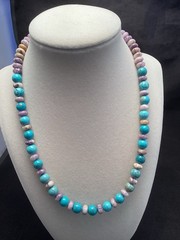Sterling Silver Flower Sugilite & Round Turquoise Beaded Necklace 19”