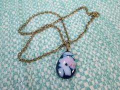 Fused Glass Pendant w/ 18″ Antiqued Brass Tone Cable Chain / White Blue Pink / N