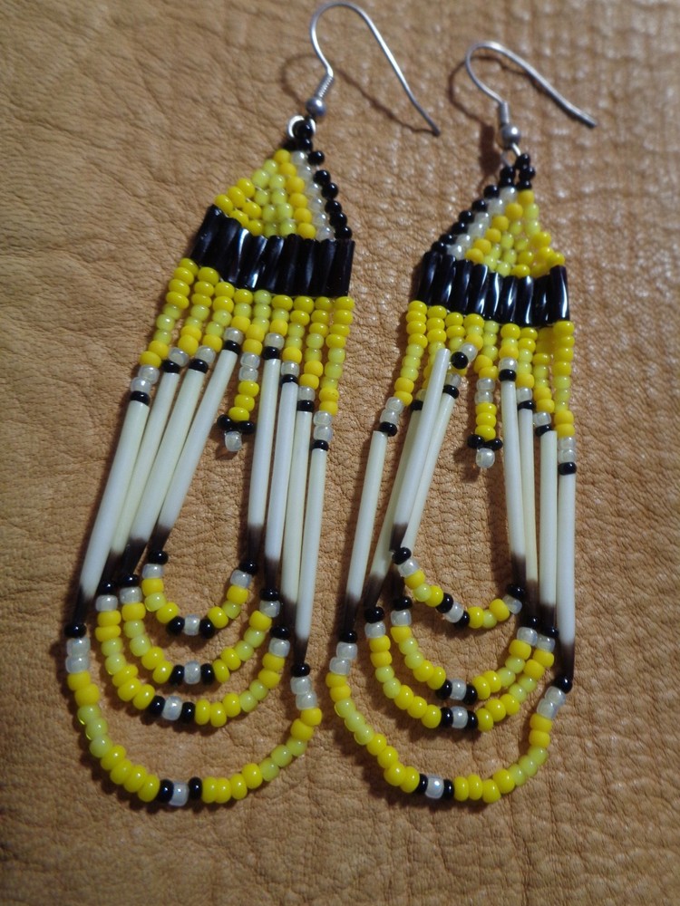 Handcrafted 2.4″ Beaded Porcupine Quill Earrings Yellow Black