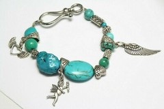 Turquoise Blue Gemstone & Pewter Charms Bracelet Angel Cupid Heart 7″