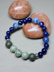 Sodalite With Serpentine Bracelet Stretch Blue Green Gem Beaded Artisan 6.50″
