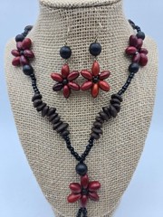 New Artisan Handmade Wooden Seeds Bead Flower Necklace Earrings Set