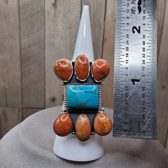 Southwestern Turquoise Spiny Oyster Ring Cluster Adj 5 to 7.5 Sterling Silver