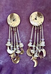 TABRA 14k Gold-Fill Embossed Moon & Stars Rose Quartz Pearl Chandelier Earrings