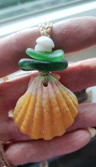 Hawaiian Sunrise Shell & Sea Glass Necklace Sinew Braid Teen Beach Men Gift