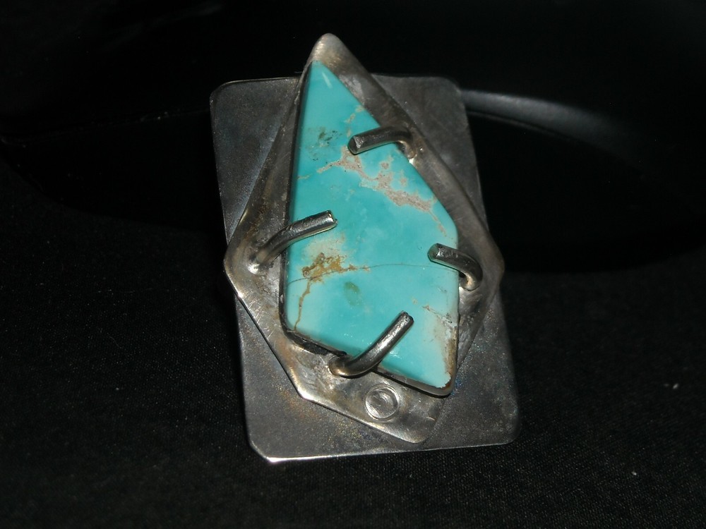 vintage sterling silver &steel ring artisan 2X1.25″ 28.4g OOAK blue turquoise 12