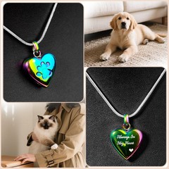 Paw Print Heart Pet Ashes Rainbow Memorial Necklace For Dog & Cat Ashes