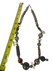 Handmade Mixed Bead Necklace Silver & Cream Geometric Accents Tribal Boho