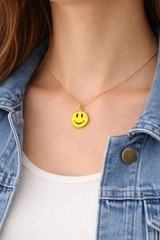 14k SOLID Gold Happy Smile Face Pendant Personalized Necklace, Engrave Text Word
