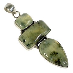 Prehnite Cabochon 3 Gemstone Ethnic Handmade Pendant 925 Silver 17.9 g 2.88″