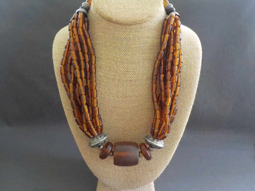 Brown Glass Tube & Resin Bead Necklace Silver Tone Metal Multi Strand