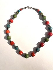 Moroccan EthnicNatural Red CORAL Bead & Turquoise Bead Necklace W Silver Spacers