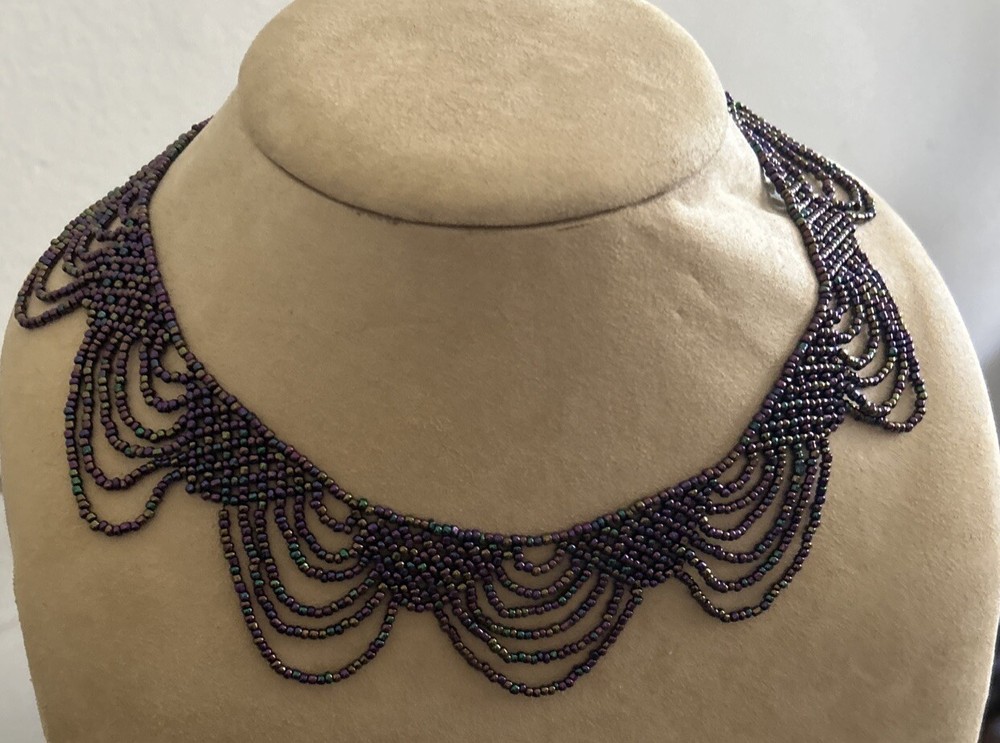 Artisan Purple Gold Blue seed bead 16” Collar necklace bracelet set
