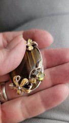 1970’s Tigers Eye Pendant in Sterling with Enamel Flowers & Gems
