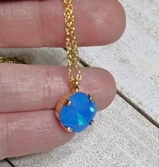 NJS14 Blue Opal Citrus Necklace Pendant 12mm Cushion Adjustable Bracelet Set