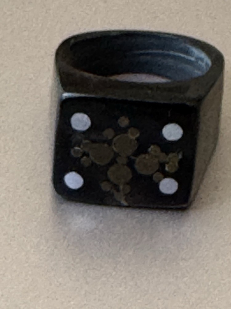 Handcrafted Wood or Horn Ring Carved with Inlaid Brass and Silver? Dot Design