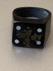 Handcrafted Wood or Horn Ring Carved with Inlaid Brass and Silver? Dot Design