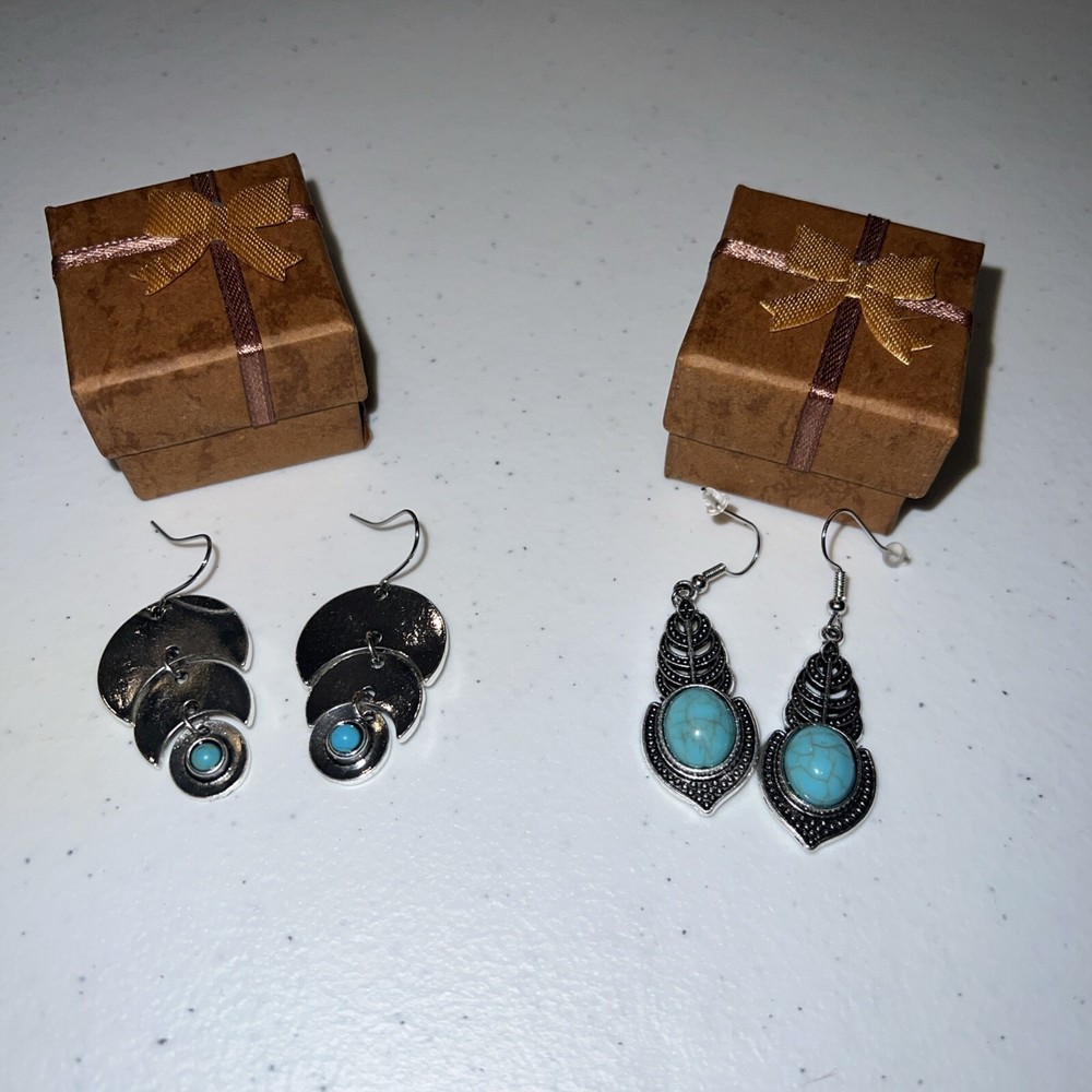 Two Pairs Hand Crafted Turquoise Earrings Artisan Water drop And Moon Shaped