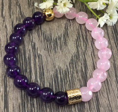 Purple amethyst and rose quartz beaded bracelet with cylinder pendant for women