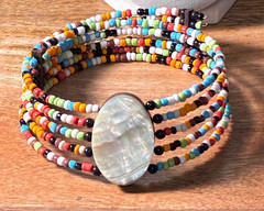 Artisan Beaded Choker Necklace Mother of Pearl Shell Wood Pendant Bohemian Retro