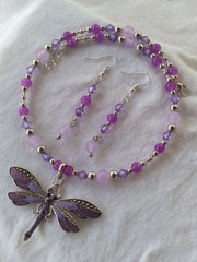 Handcrafted Purple Silver Beaded Memory Wire Dragonfly Choker Earring Set