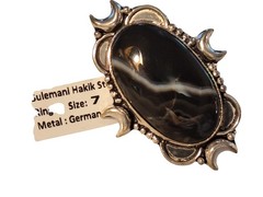 German Silver Fashion Ring Black Stone Crescent Moons Border Size 7 NEW