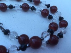 Handmade Beaded Necklace Gunmetal Tone Black, Clear, and Dark Red Glass Beads