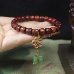 Rosewood and Peachwood Flower Pendant Prayer Bead Bracelet for Women